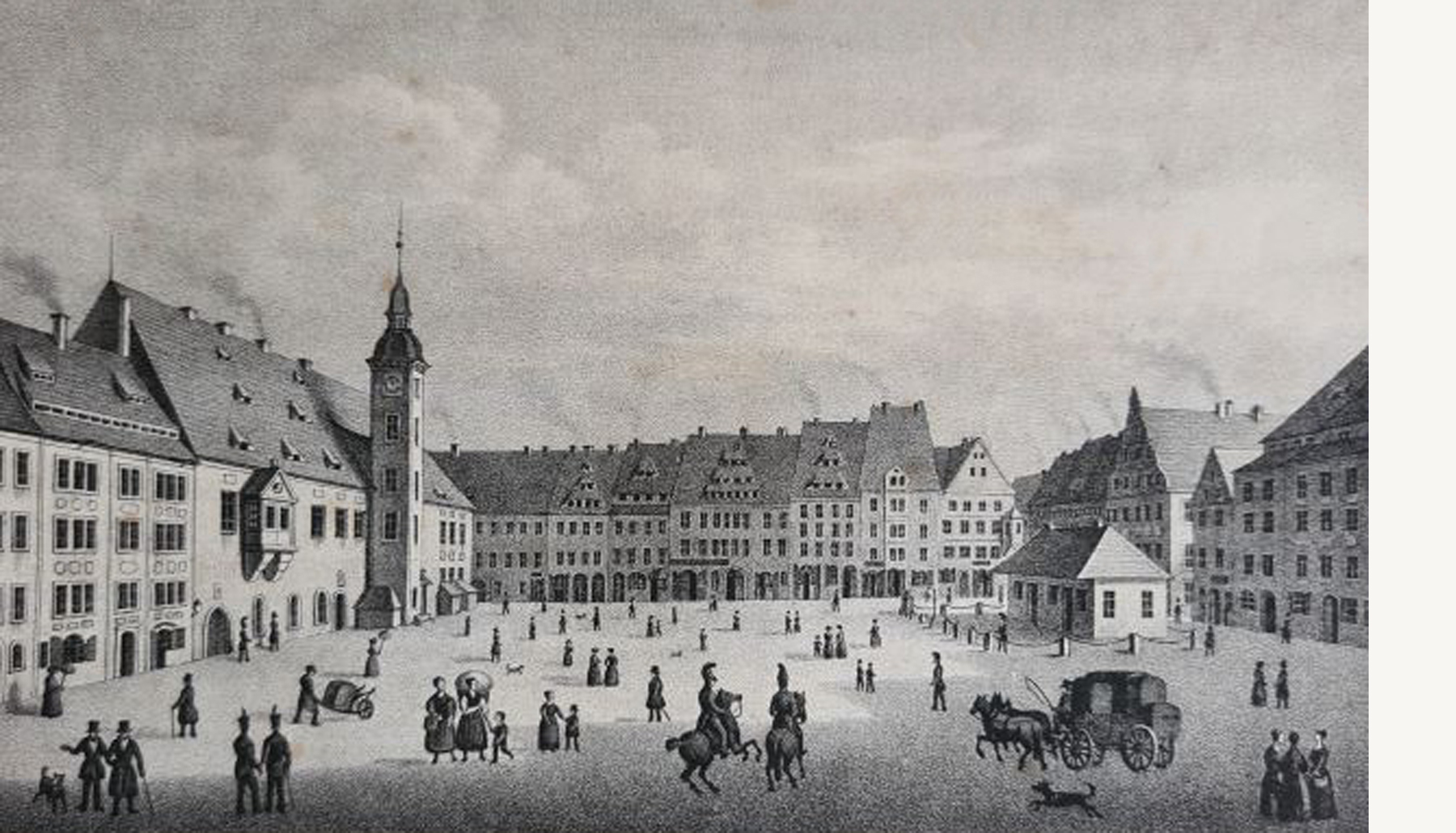 KI generiert: Das Bild zeigt einen belebten Marktplatz in einer historischen Stadtansicht, gesäumt von alten Gebäuden und einer Kirche mit Turm. Menschen und Kutschen beleben die Szene, was auf ein alltägliches städtisches Leben im 19. Jahrhundert hindeutet.