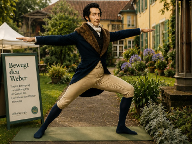 AI generated: A man in period clothing is doing a yoga pose outdoors in front of an old building. A sign next to him advertises yoga exercises in the garden of a museum.