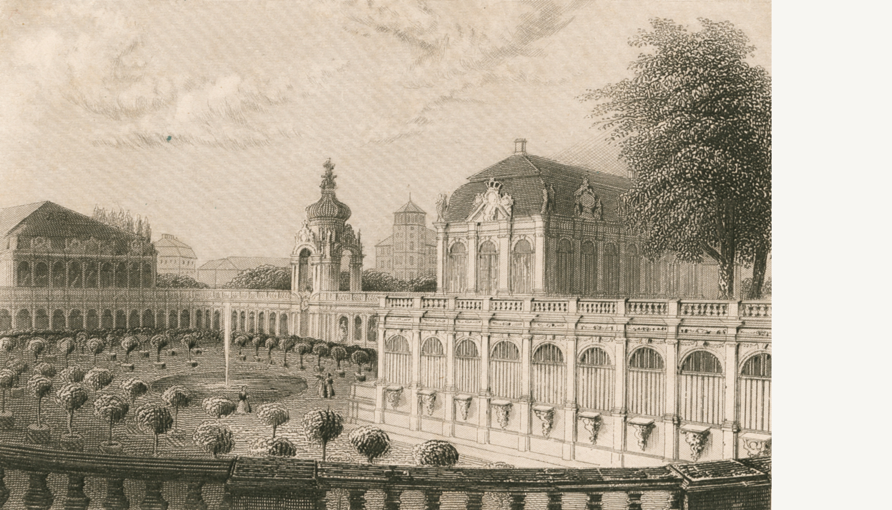 KI generiert: Das Bild zeigt eine historische Darstellung des Zwingers in Dresden mit seinen markanten barocken Architekturelementen und einem zentralen Gartenbereich. Im Vordergrund ist die beeindruckende Fassade des Gebäudes zu sehen, während sich im Hintergrund die Landschaft erstreckt.