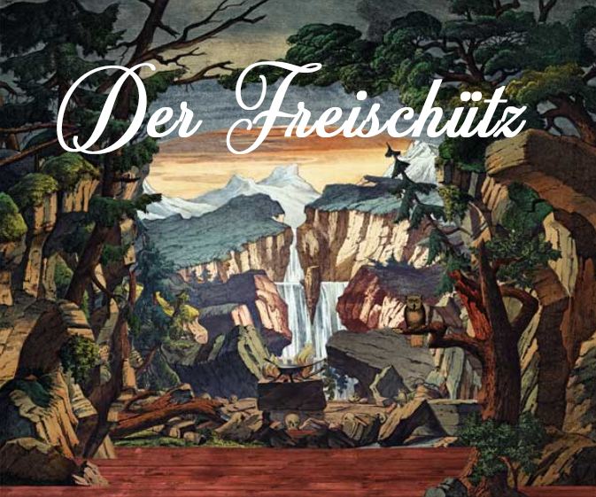 AI generated: The image shows a picturesque forest landscape with dramatic rock formations and a waterfall in the background. The title "Der Freischütz" is prominently displayed at the top of the image.