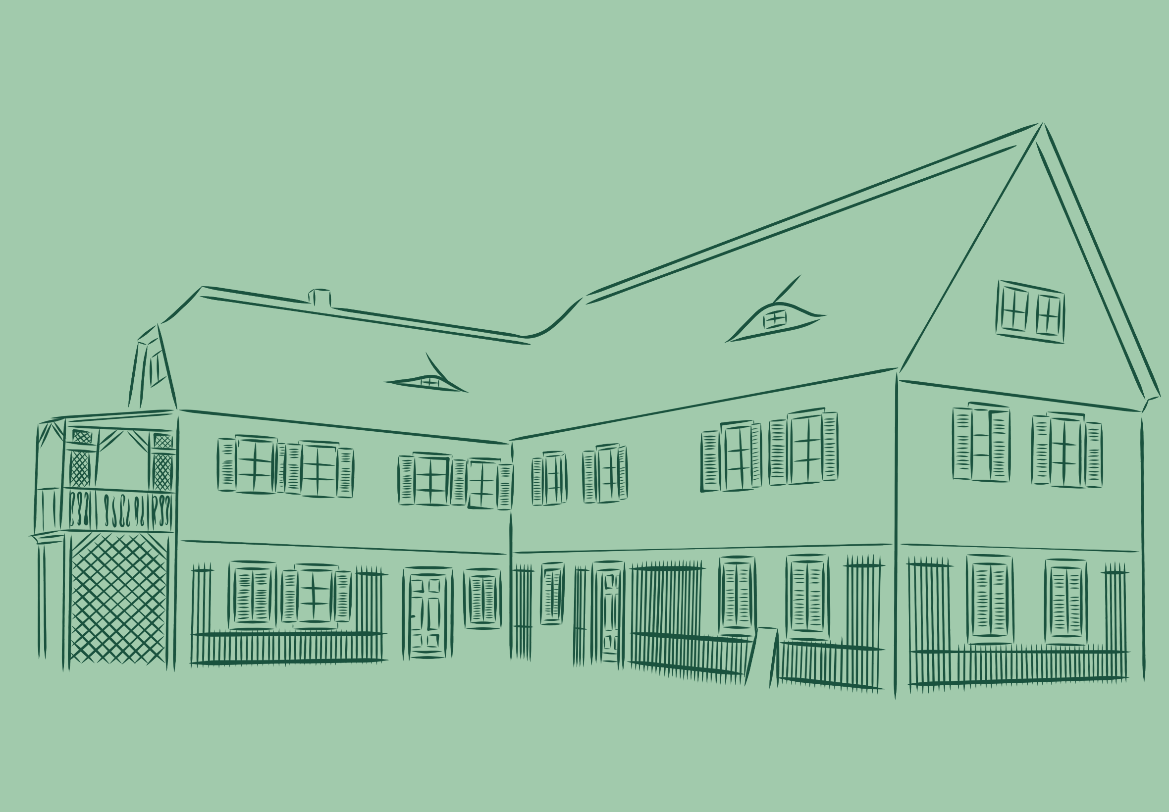KI generiert: Das Bild zeigt eine Strichzeichnung eines großen, traditionellen Gebäudes mit Satteldach und mehreren Fenstern mit Fensterläden. Der Stil erinnert an ein historisches oder ländliches Wohnhaus.