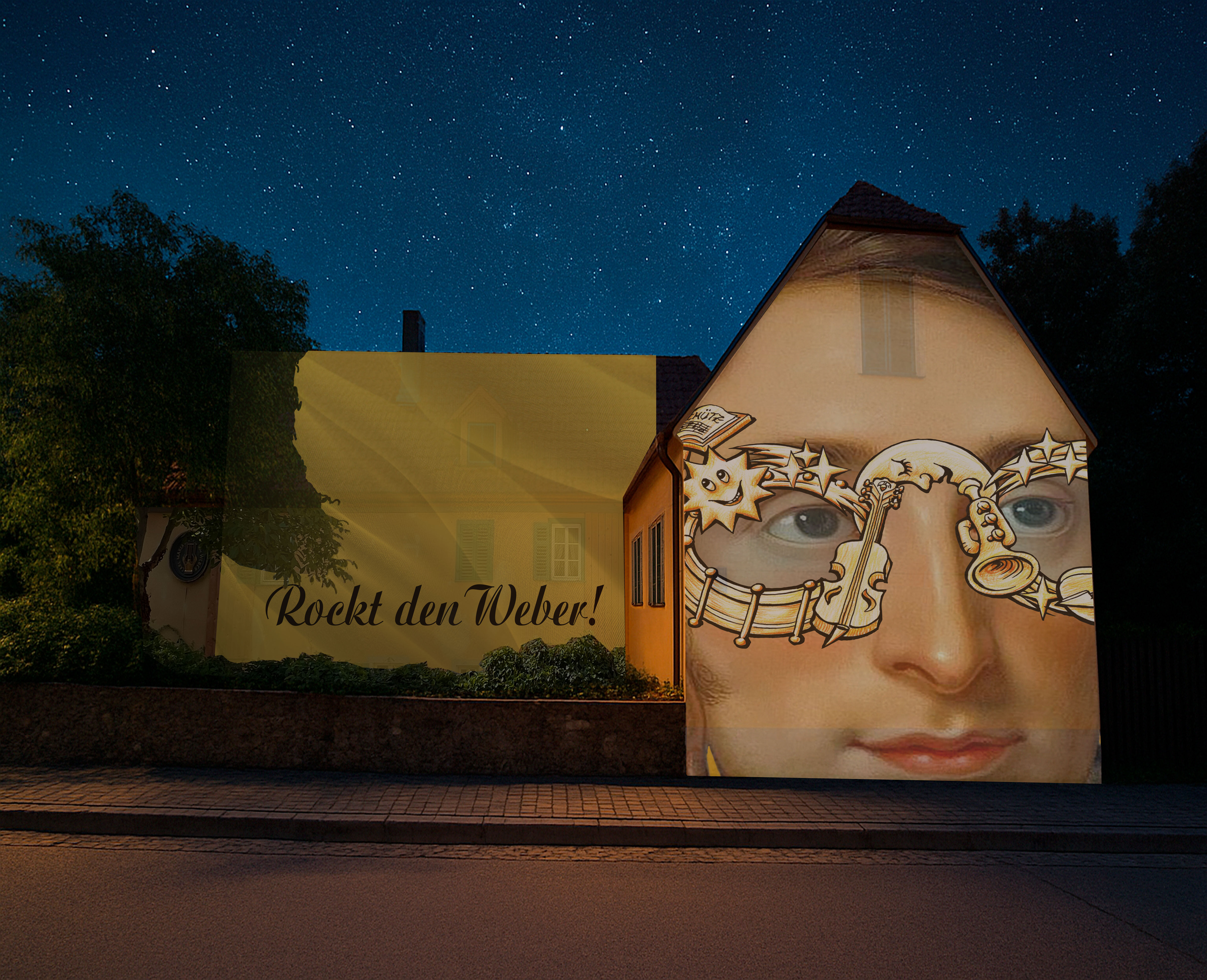 KI generiert: Das Bild zeigt ein Gebäude, dessen Fassade mit einem großen Porträt einer Person und mechanischen Elementen kunstvoll bemalt ist, und eine Aufschrift mit dem Text "Rockt den Weber!". Der Hintergrund deutet auf eine nächtliche Szene mit klarem Sternenhimmel hin.
