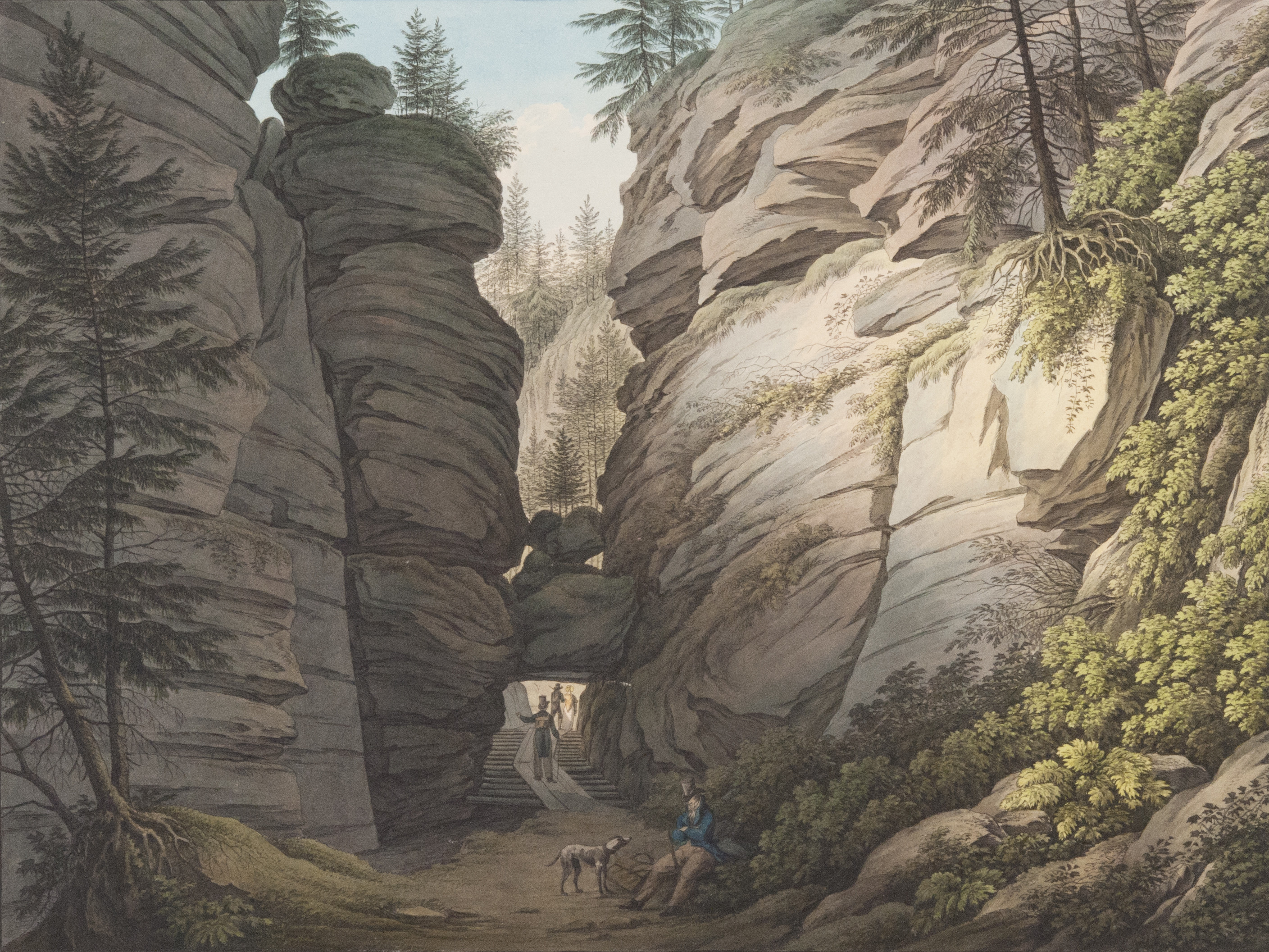 KI generiert: Das Bild zeigt eine malerische Ansicht einer Schlucht mit hohen Felsen und Treppen, auf denen Menschen spazieren. Im Vordergrund sitzt eine Person mit einem Hund und genießt die natürliche Umgebung.